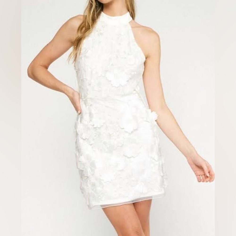 Entro White Elegant Floral Fallen Petals 3D Flower Dress Sleeveless sz Large